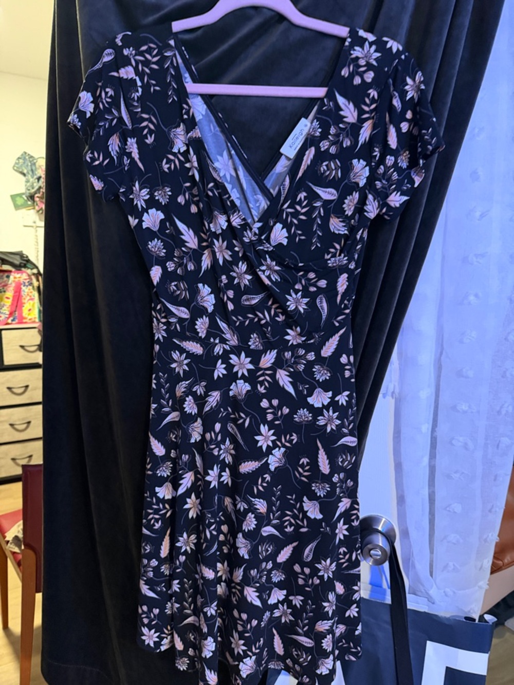 Kaileigh Black Dress with Pink Floral Print – Asymmetrical Wrap Style